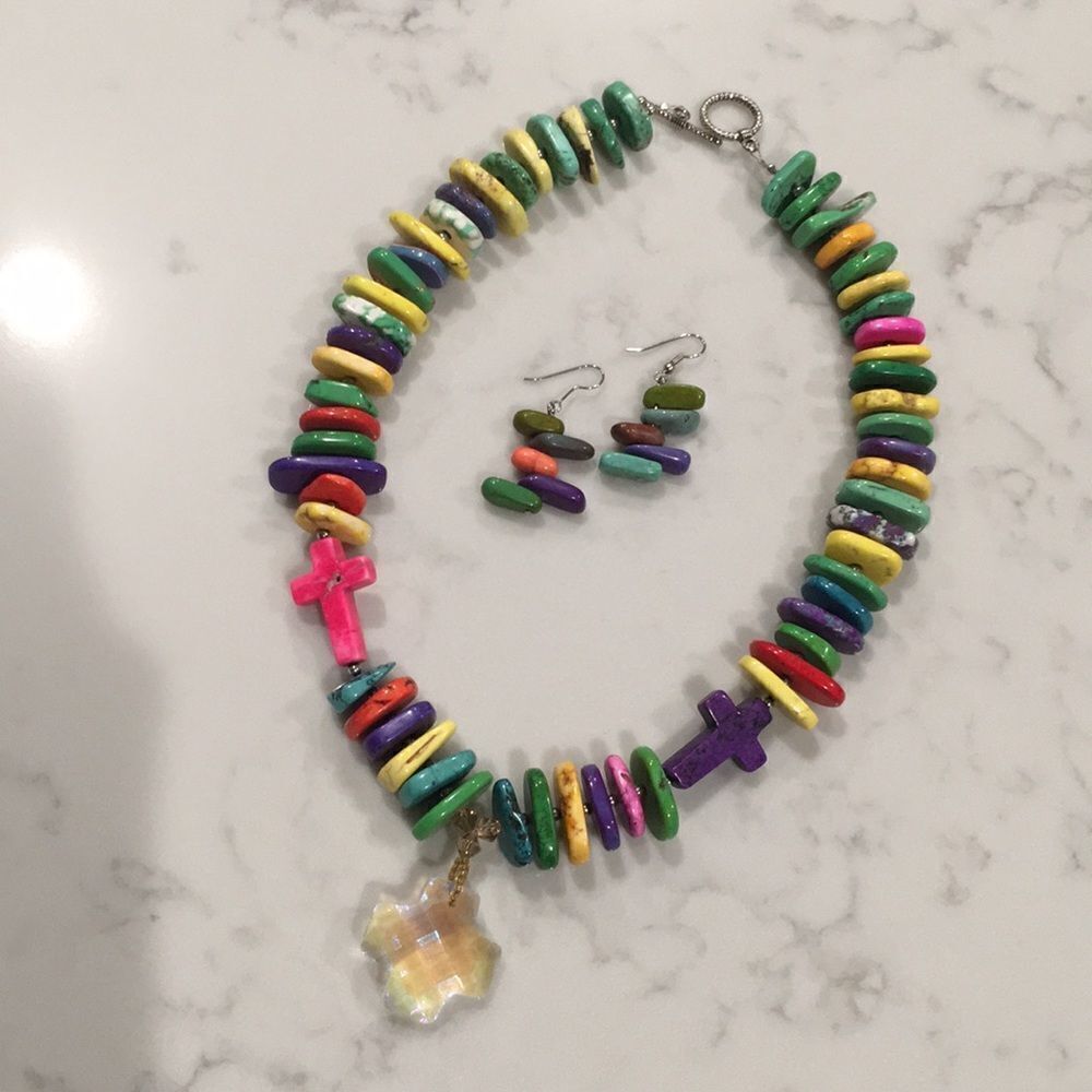 Unique Rainbow Statement Cross Necklace Set